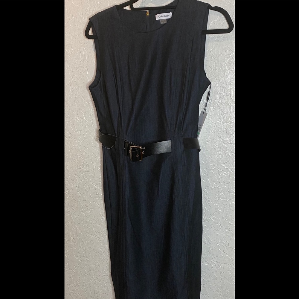 NEW  Calvin Klein navy blue zipper dress with belt
